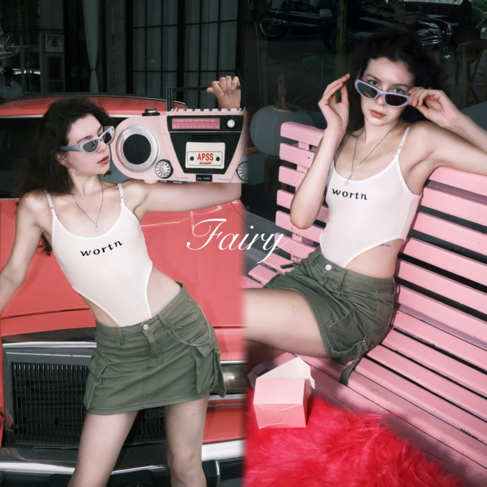 Fairy （ไทยส่ง）จั๊มพ์สูทตัวอักษรไทยพิมพ์ลายหวานแขนกุดผู้หญิงเซ็กซี่