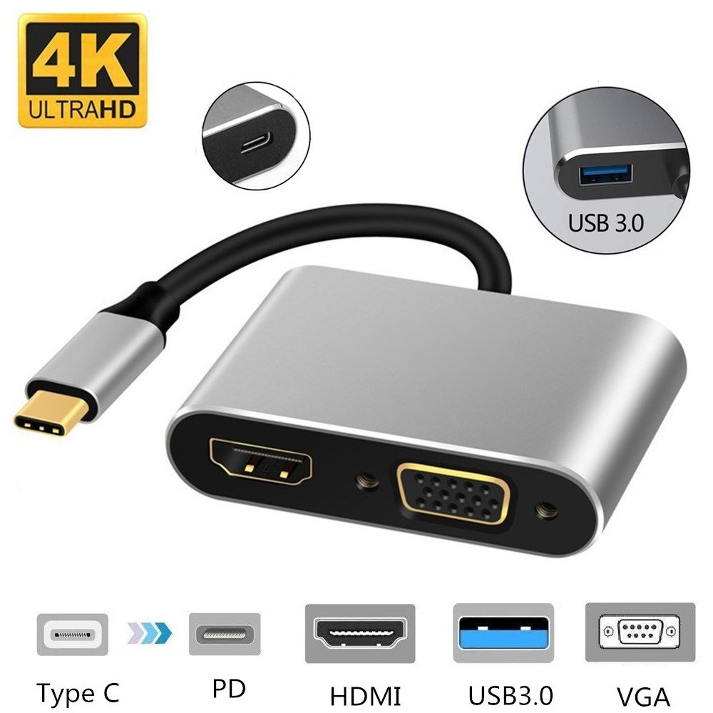 4 in 1 USB c HDMI Type c ถึง HDMI 4K อะแดปเตอร์ VGA USB3.0 Audio video Converter PD 87W Fast charger สําหรับ Macbook pro Samsung s9 s10