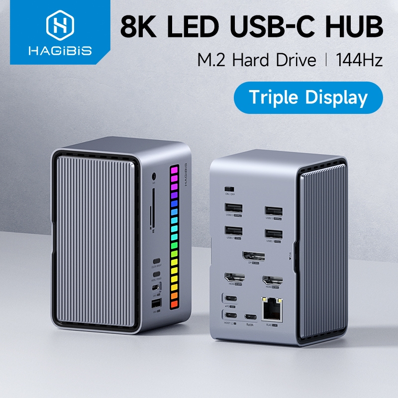 Hagibis Dual USB C Docking Station Triple Monitor ไฟ LED Strip USB-C Hub Type-C อะแดปเตอร์ 8K DP & HDMI M.2 SSD Enclosure 100W PD USB 3.1 สําหรับ MacBook Air Pro แล็ปท็อป