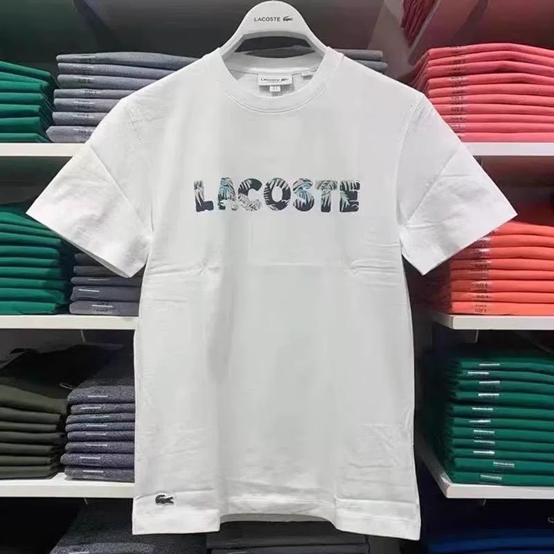 LACOSTE'S ลาคอสท์ ผู้ชายสบายๆระบายอากาศผ้าฝ้ายแท้คอกลมจดหมายพรางพิมพ์เสื้อยืดแขนสั้น