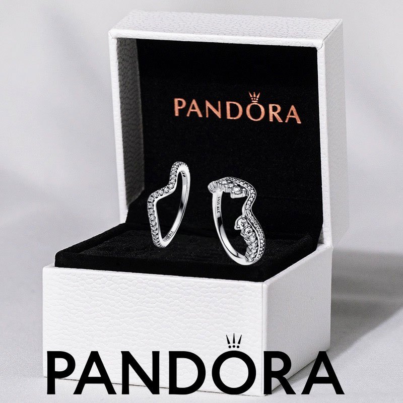 100% Pandora แหวนเงินแท้ S925คู่แหวนคลื่นไม่สมมาตรประกาย