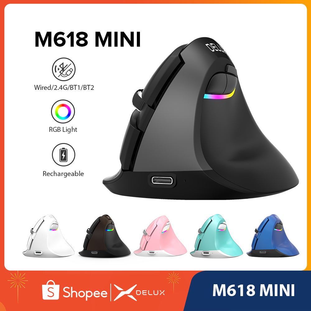 Delux M618 Mini RGB Ergonomic Vertical Mouse เมาส์สําหรับเล่นเกมไร้สายเงียบบลูทูธ Type-C ชาร์จแบตเตอ