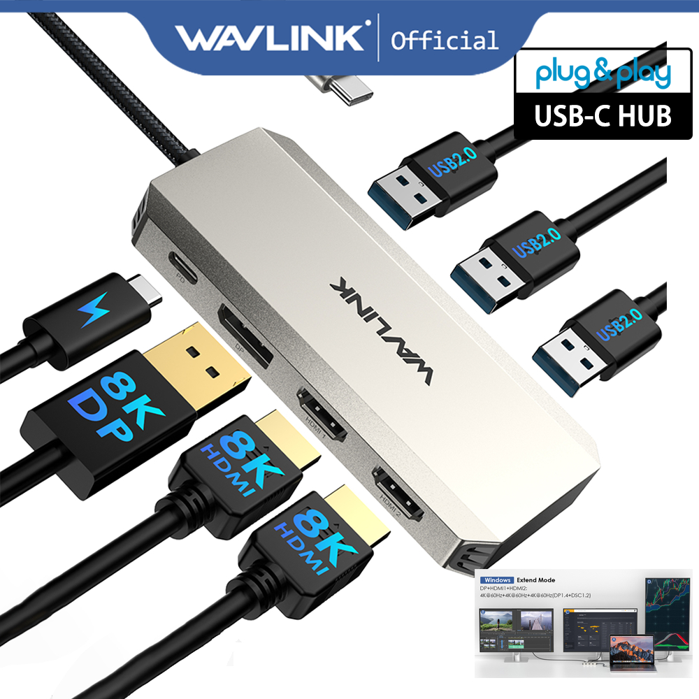 Wavlink USB C Dock Triple Display 7-In-1 แล็ปท็อป Docking Station พร้อม 95W Power Delivery 8K 4K