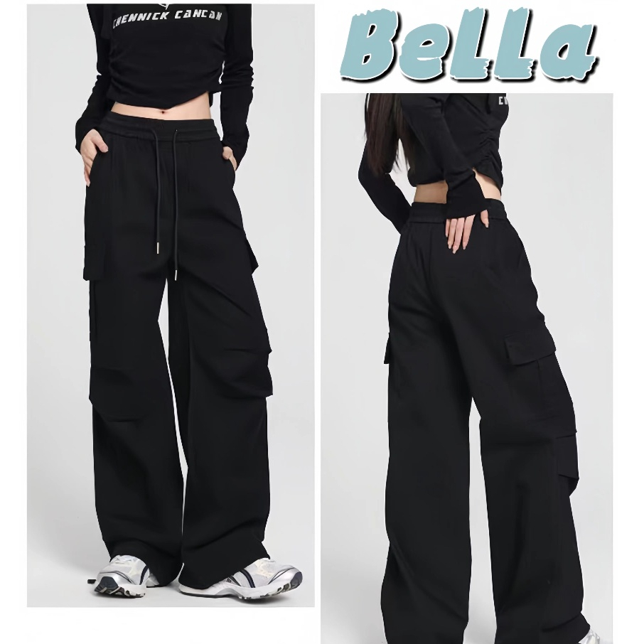 Bella shop กางเกง กางเกงเอวสูงสไตล์เกาหลีสตรีทย้อนยุคหลวมแฟชั่นกางเกงกีฬาสำหรับผู้หญิง