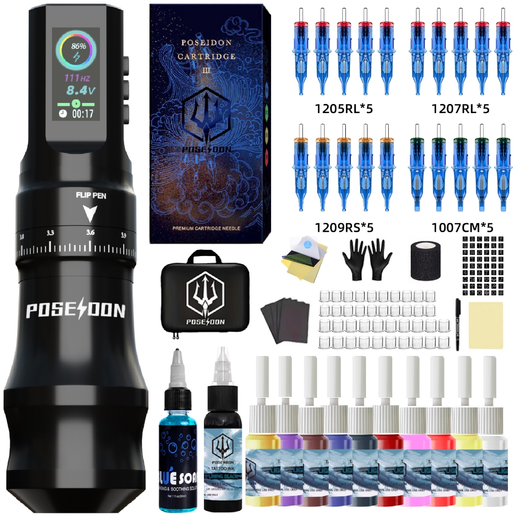 Poseidon Tattoo Pen Kit-Tattoo Machine พร้อมตลับเข็มสัก 20 ชิ้น, ปากกาสักแบบปรับได้พร้อมจอแสดงผล LED ดิจิตอลและพลังงานไร้สายความจุ 1800mAh สําหรับศิลปิน