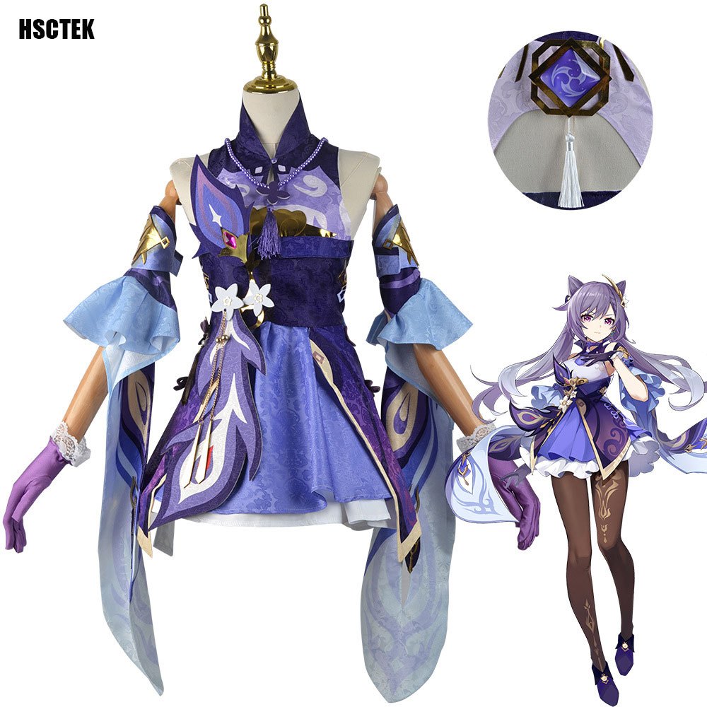 Game Genshin Impact Keqing Cosplay คอสเพลย์ ชุดอนิเมะ ชุดฮาโลวีน Keqing วิกผม วิกผมอนิเมะ ชุดคอสเพลย