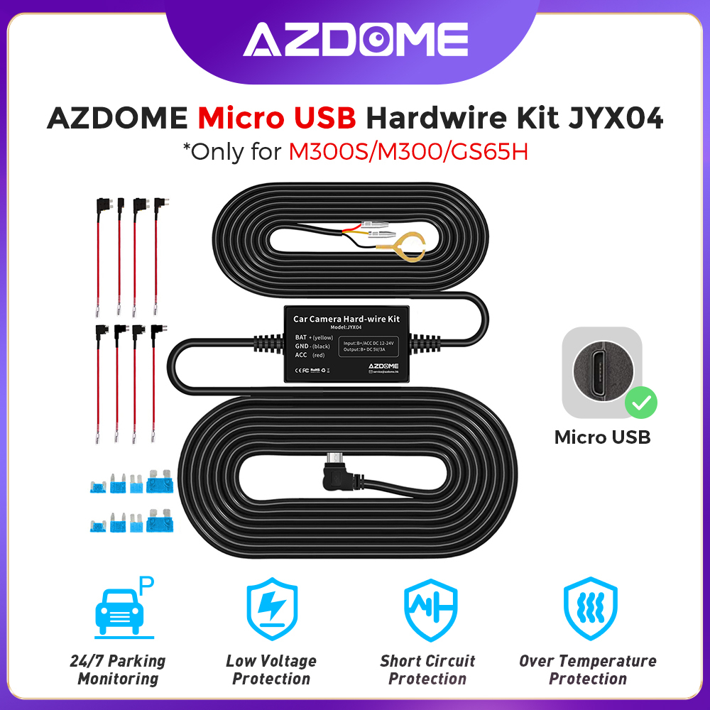 Azdome สายอะแดปเตอร์พาวเวอร์ เฝ้าระวังจอดรถยนต์ Micro USB สําหรับ Dash Cam M300 M300S 24h JYX04