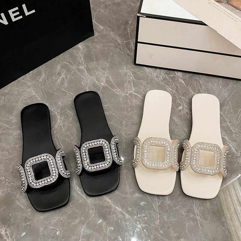 Ready Stock รองเท ้ าแตะผู ้ หญิงแฟชั ่ นรองเท ้ าส ้ นแบนสวมใส ่ ด ้ านนอกรองเท ้ าแตะลําลองขนาดบวก 43