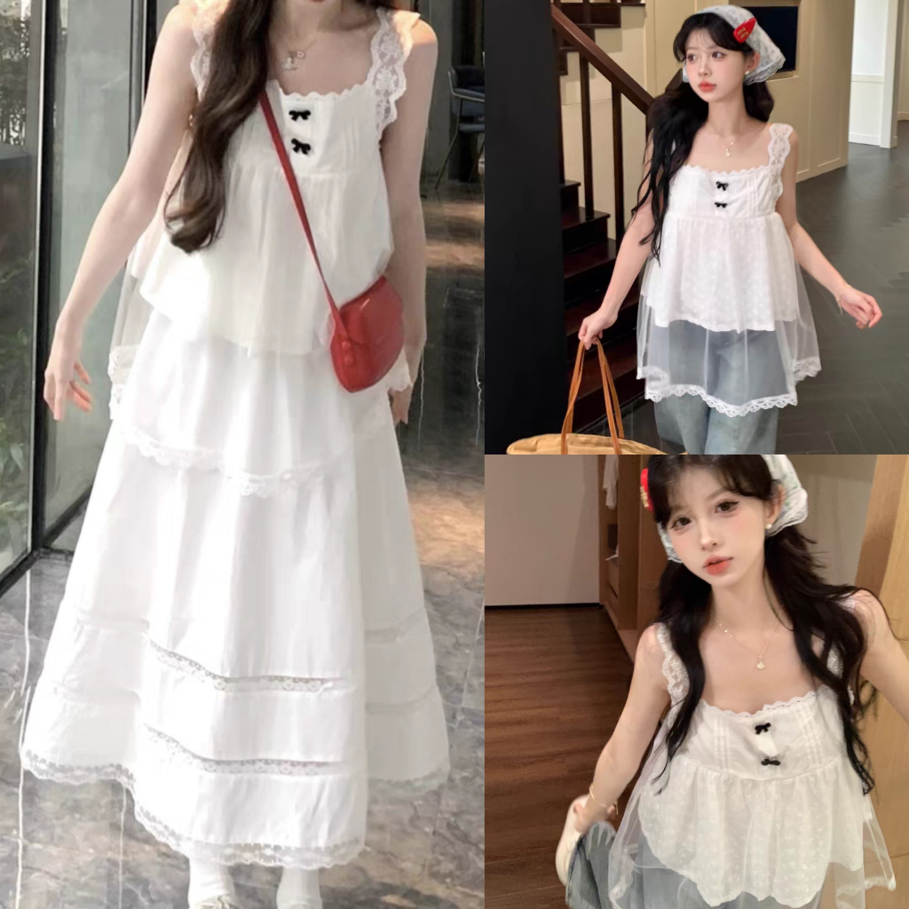 เสื้อสายเดี่ยว ปักลายตาไก่ ขอบลูกไม้ แบบผูกเชือก สีพื้น สไตล์ลำลอง สำหรับผู้หญิง babydoll ด้านบน 2024 ใหม่
