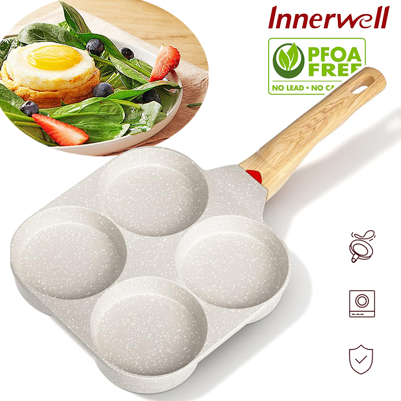 Innerwell โค ซี่ กระทะสี่หลุม 4in1 กระทะทอดไข่ดาว ไม่ติดกระทะ เบอร์เกอร์/ถาดไข่ กระทะ อาหารเช้า เหมาะสําหรับทุกเตา - ขาว