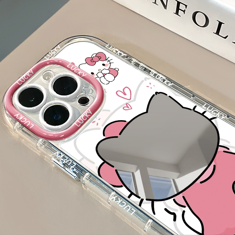 สําหรับ IPHONE 15 กรณี 14 13 12 11 PRO MAX 7 8 PLUS X XR XS MAX กระจกพัฟ Hello Kitty กลับกันกระแทกและ Anti-drop