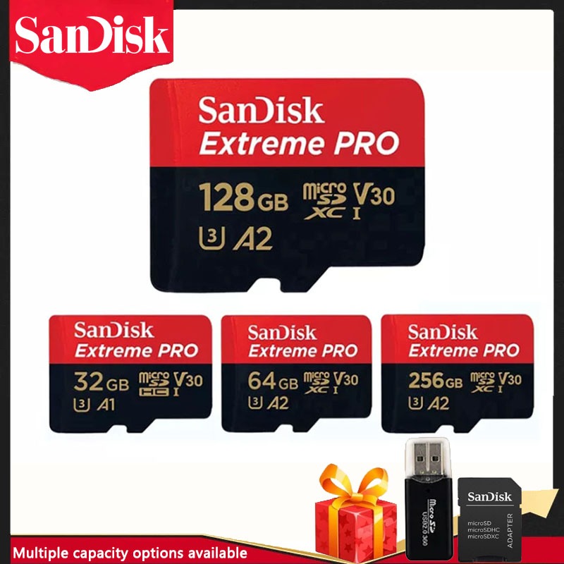 Sandisk-extreme Pro Flash Memory Card, 1tb, 8gb, 32gb, 16gb, A2, SDXC, UHS-I, สําหรับกล ้ องวงจรปิด/Drone/Camera/Mobile Phone Mini TF Card, U3, V30, 512GB, 256GB, 64GB, 128GB, พร ้ อม 4-in-reader