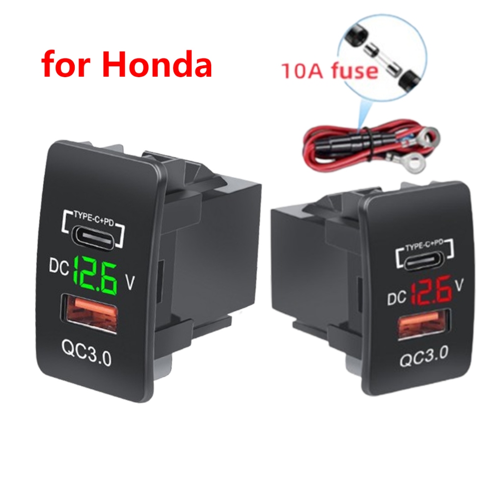 Qc3.0 USB PD Type-C Car Charger ซ ็ อกเก ็ ตชาร ์ จเร ็ วพร ้ อมโวลต ์ มิเตอร ์ ดิจิตอล 10A ฟิวส ์ ลวดสําหรับ Honda Fit Accord Civic CR-V HR-V City Odysssey