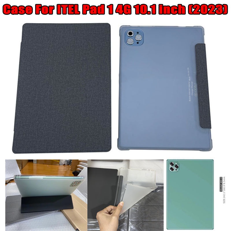 Universal 10.1 นิ้วสําหรับ ITEL Pad 1 4G 10.1 นิ้ว (2023) แฟชั่นซิลิโคนอ่อนนุ่มกรณีแท็บเล็ต ITEL Pad 1 4G 10.1 คุณภาพสูง PU หนังสีเทาเข้มผ้ารูปแบบขาตั้ง Flip Cover