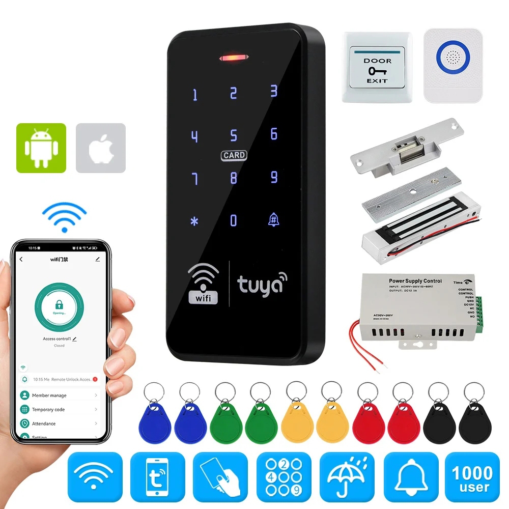 ชุดระบบควบคุมการเข้าออกประตู Wifi Tuya สมาร์ท RFID ตัวควบคุมปุ่มกด IP68 แหล่งจ่ายไฟล็อคแม่เหล็กไฟฟ้า APP ปลดล็อค