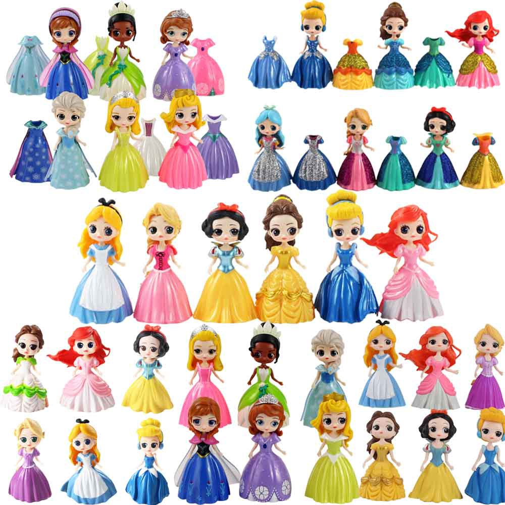 12 ชิ้น/24 ชิ้น/เซ็ตเปลี่ยนเสื้อผ้าเจ้าหญิง Elsa Anna Snow White Rapunzel Jasmine Cinderella Sofia Ariel Mulan รุ่น Q PVC ตัวเลขการกระทําเค้กตุ๊กตาของเล่น