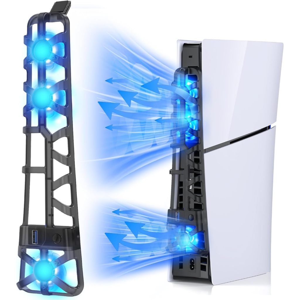 DOBE พัดลมระบายความร้อนสำหรับเครื่องเล่น PS5 Slim, มีฟังก์ชันบันทึกค่า, ไฟ LED, พัดลมความเร็วสูง 3 ตัว และพอร์ต USB 3.0