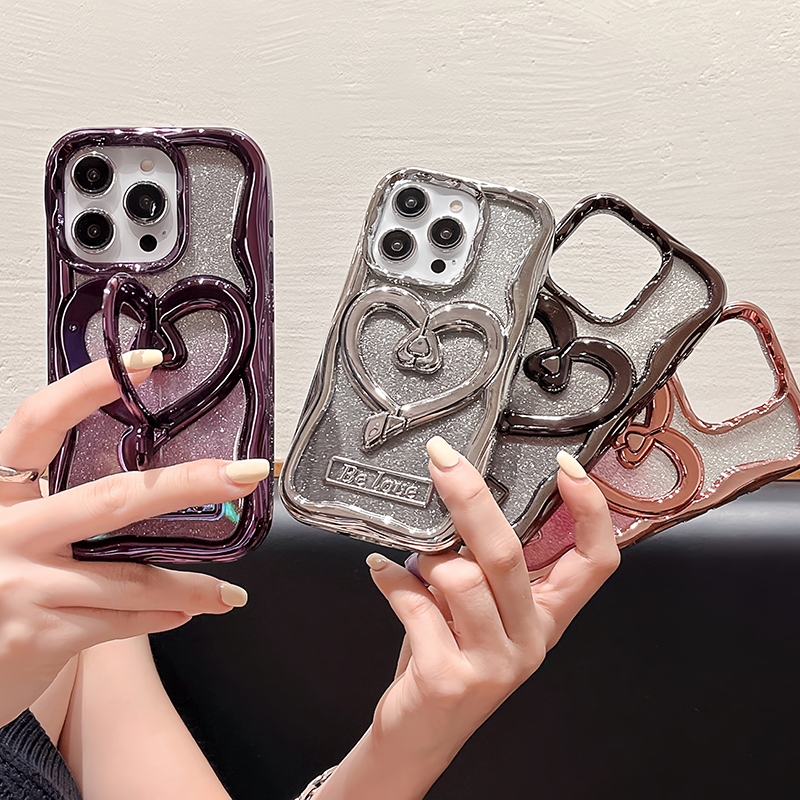 แฟชั่นโรแมนติก 3D Lover Heart Holder Stand Case สําหรับ iPhone 15 Pro Max 14 13 12 11 ชุบ Shockpoof Bling ฝาครอบ