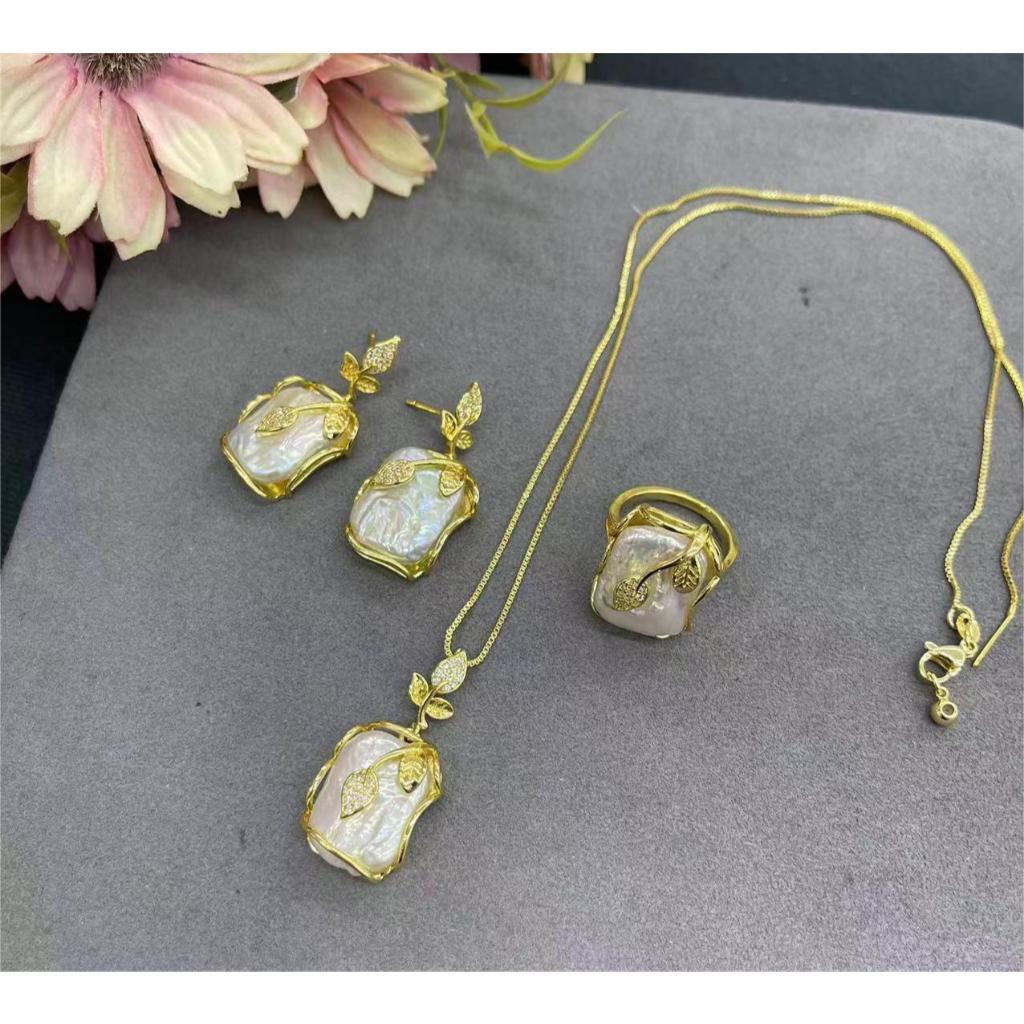 Baroque Square Pearl 18K True Gold Color Preserving Electroplated ชุดสามชิ ้ น