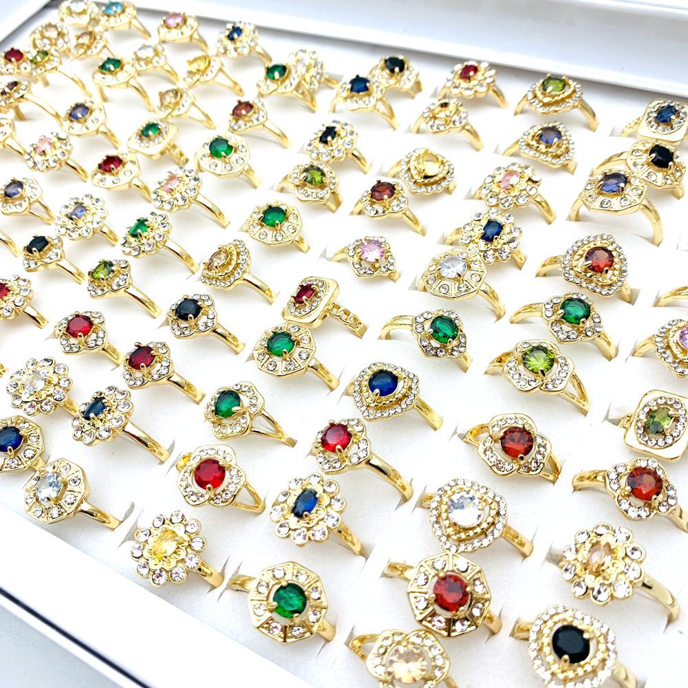 20 ชิ้นแหวนแฟชั่นสําหรับผู้หญิงประกาย Rhinestone และ Cubic Zircon เครื่องประดับหินชุบทอง