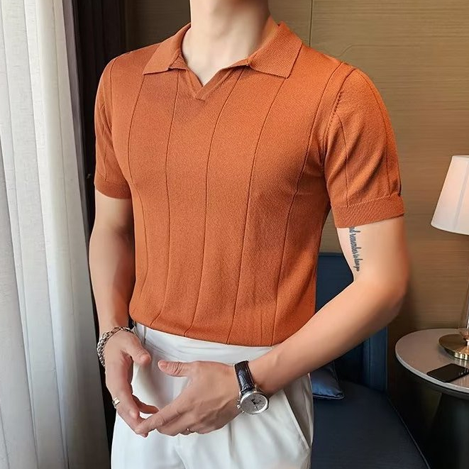 Junqun โปโลคอวีผู้ชาย ลายทาง ระบายอากาศ แบบนิ่ม เสื้อโปโลสำหรับผู้ชาย