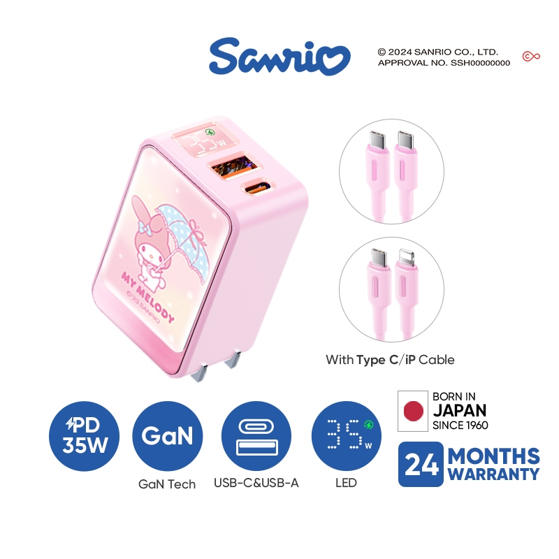 Sanrio Melody Fast Charger ชาร์จเร็ว 35W GaN USB Type C PD3.0 LED Display อุปกรณ์ชาร์จมือถือ with 1M iP/TYPE C Cable Set