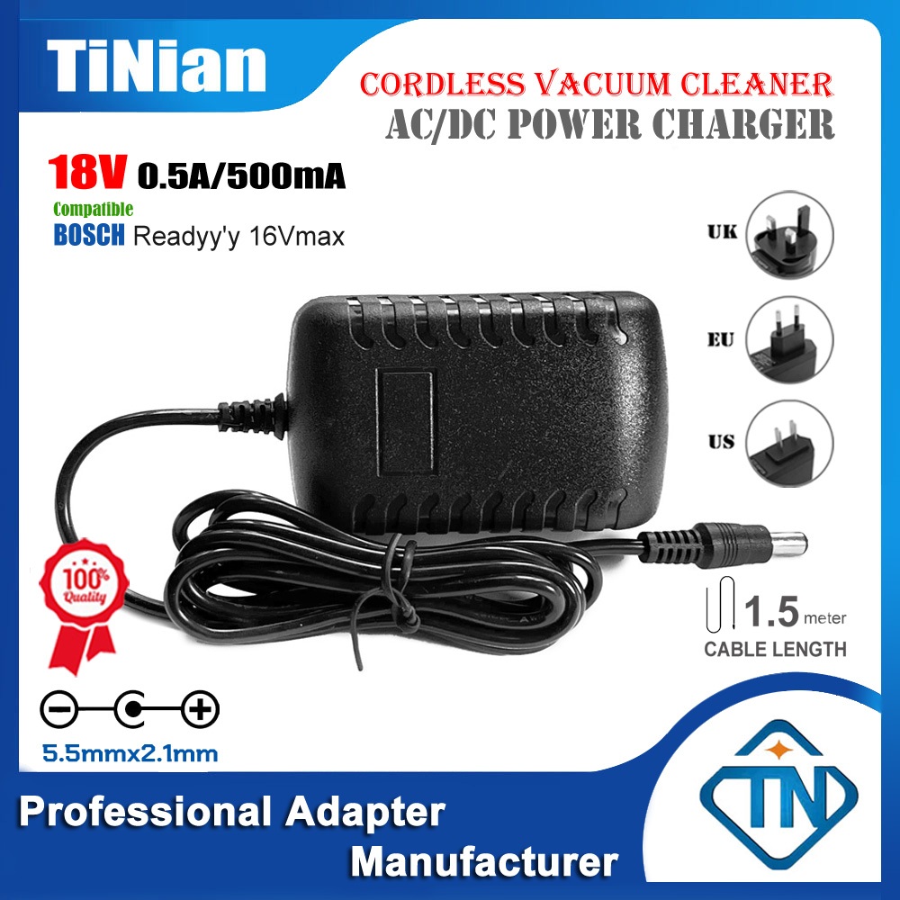 18V 500mA 0.5A อะแดปเตอร์ AC/DC เข้ากันได้กับ BOSCH 16Vmax Ready'y Series 2 BCHF216B มือถือไร้สายสูญญากาศ 14.4V เครื่องชาร์จแบตเตอรี่