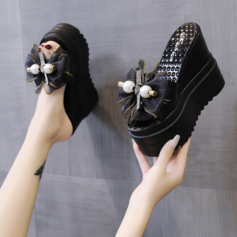 แพลตฟอร์มผู้หญิงประดับโบว์หรูหรา Wedges Heels Slides House Flip Flop ขนาด 34-39