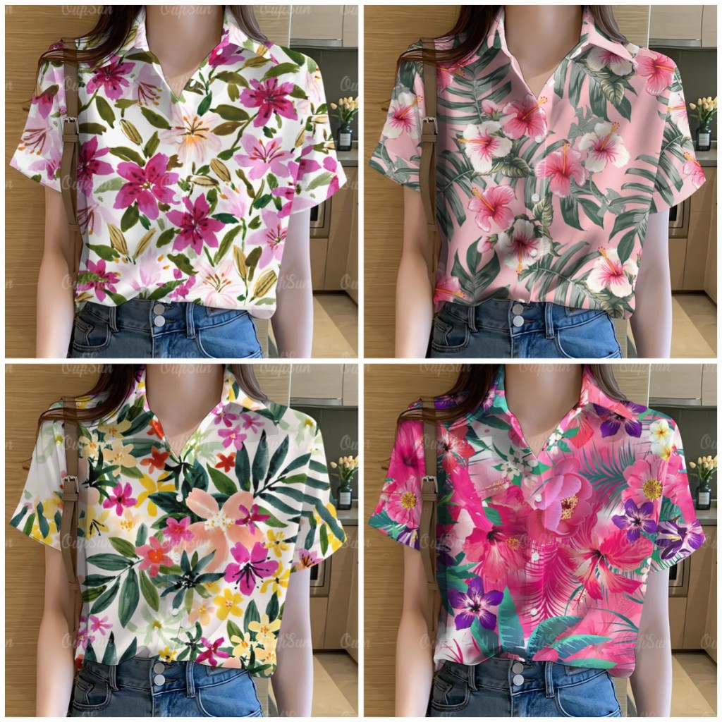 （จัดส่งห้าวัน）เสื้อแขนสั้นผู้หญิง เสื้อลายดอกไม้ เสื้อฮาวายผู้หญิง 2567