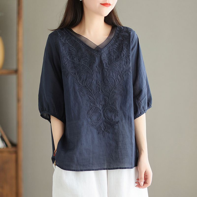 เสื้อเชิ้ตแขนยาว ผ้าฝ้าย และผ้าลินิน ปักลาย ทรงหลวม อเนกประสงค์ สีพื้น แบบดั้งเดิม แฟชั่นฤดูใบไม้ร่วง สําหรับผู้หญิง