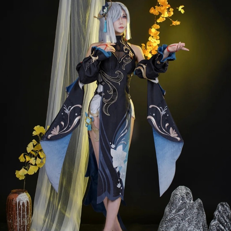 Game Genshin Impact Shenhe Cosplay คอสเพลย์ ชุดอนิเมะ ชุดฮาโลวีน Shenhe วิกผม วิกผมอนิเมะ ชุดคอสเพลย