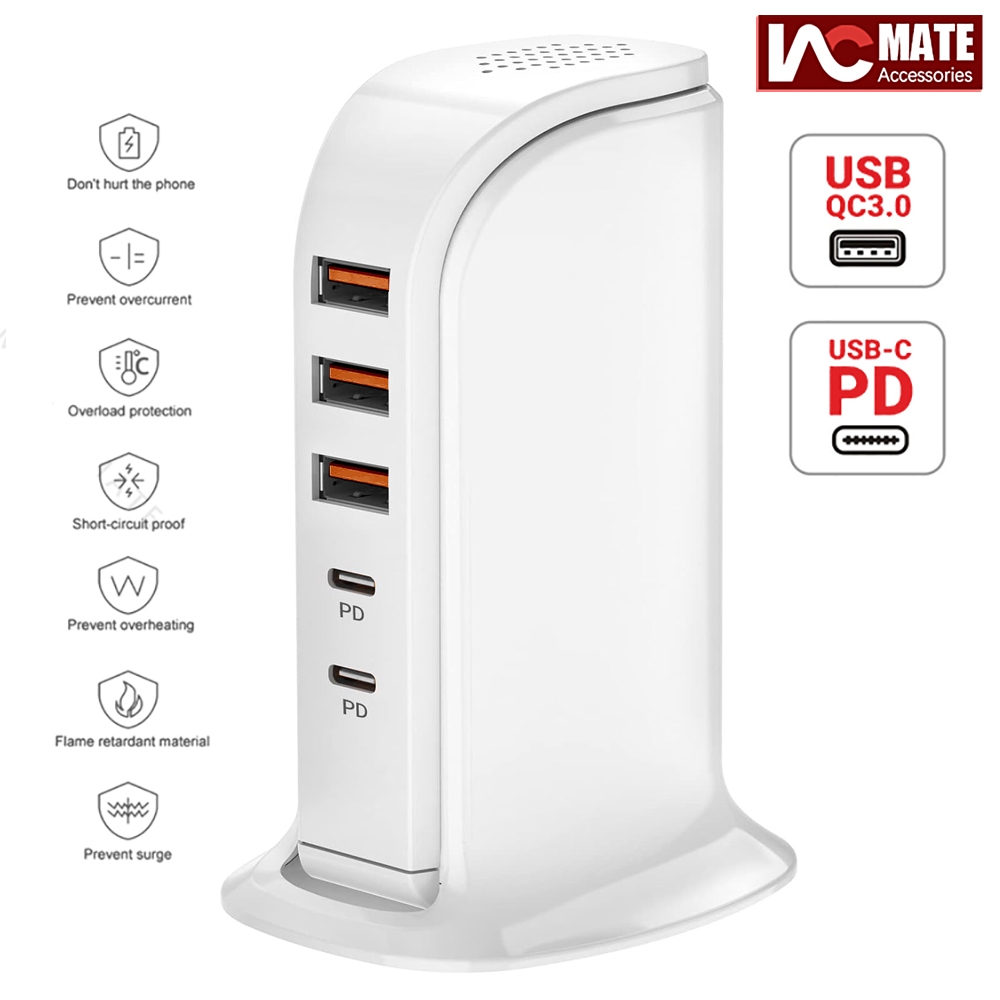อุปกรณ์ชาร์จติดผนัง 5 พอร์ต USB ( 20W QC3.0 Type C PD ) ฮับชาร์จ USB Type-C 3A สําหรับสมาร์ทโฟน แท็บ