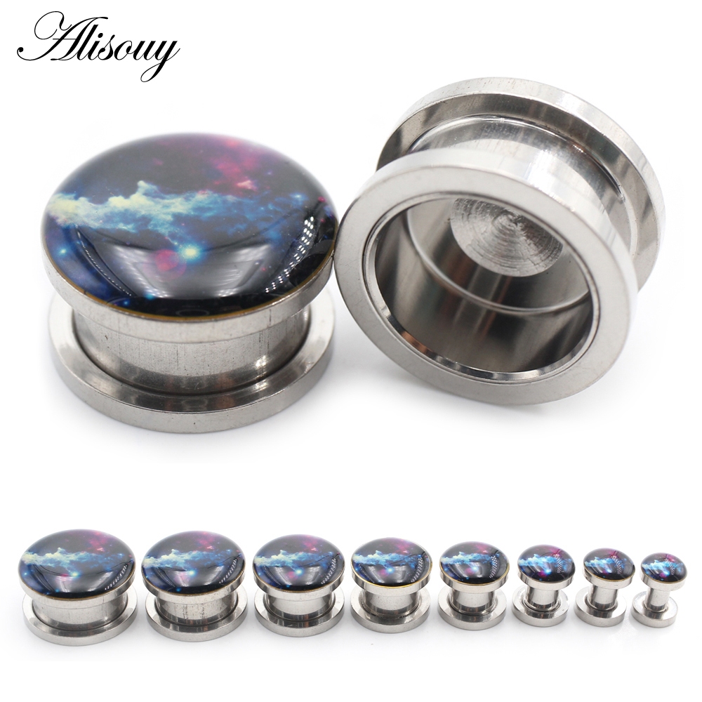 Alisouy 2 ชิ้นสแตนเลส Milky Way Cloud เคลือบอุโมงค์หูปลั๊ก Expander Stretcher Gauge ต่างหูเจาะเครื่องประดับ