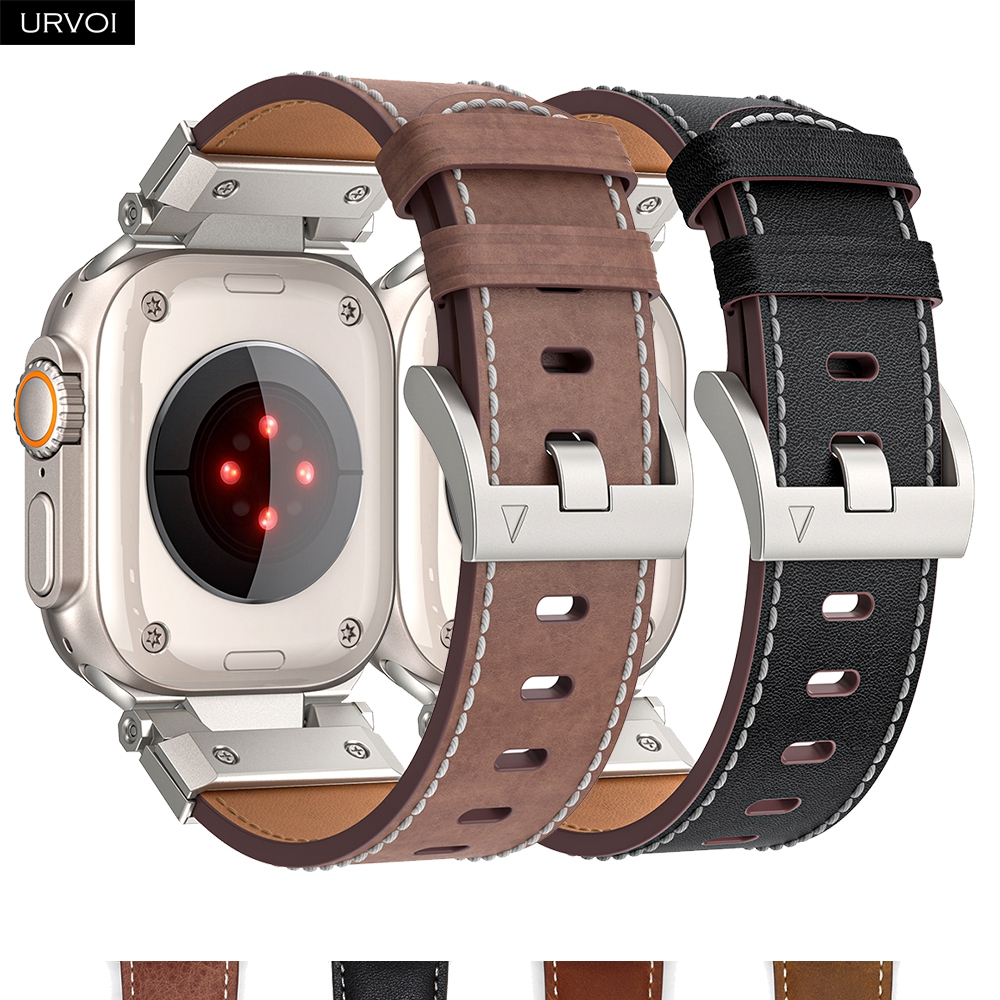 Urvoi Band สําหรับ Apple Watch ultra 2 Series 9 8 7 6 SE5 สายหนังสําหรับ iWatch mecha ออกแบบฟังก ์ ชั ่ นอะแดปเตอร ์ Pin หัวเข ็ มขัด