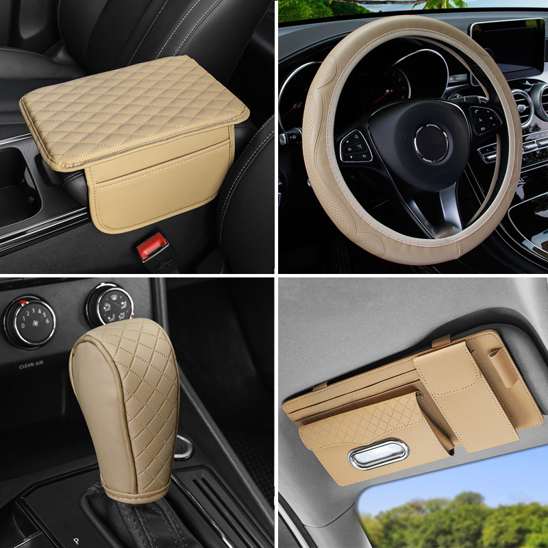 Universal Beige ไวน ์ สีแดงรถอุปกรณ ์ ตกแต ่ งภายในชุดหนังรถที ่ นั ่ งเข ็ มขัดพวงมาลัยฝาครอบเกียร ์ Knob Shift Knob ฝาครอบที ่ เท ้ าแขนกล ่ องกระดาษทิชชูรถอุปกรณ ์ ตกแต ่ งรถยนต ์