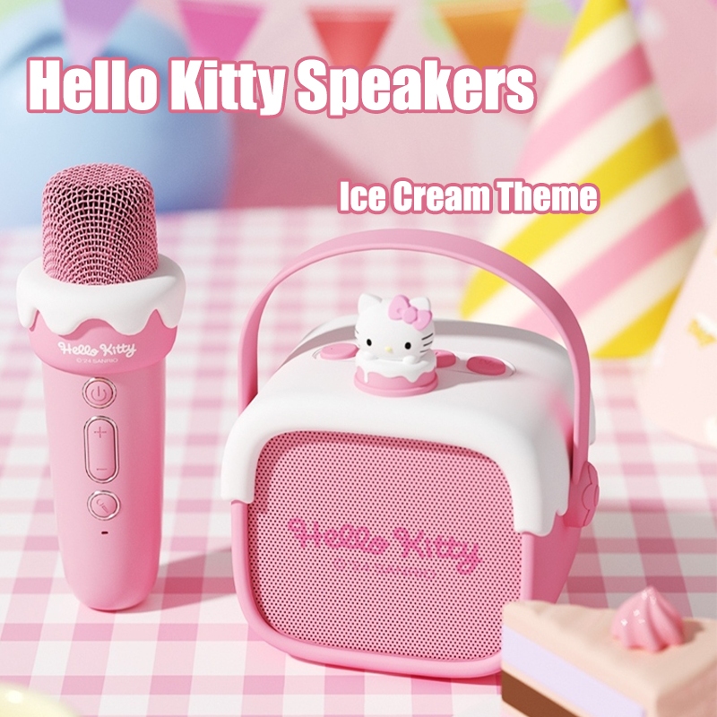 Kawaii Sanrio อะนิเมะ hello kitty ไมโครโฟนเสียงแบบบูรณาการลําโพงบลูทูธ Girly Heart อุปกรณ ์ ร ้ องเพลงกลางแจ ้ งของเล ่ นเด ็ ก