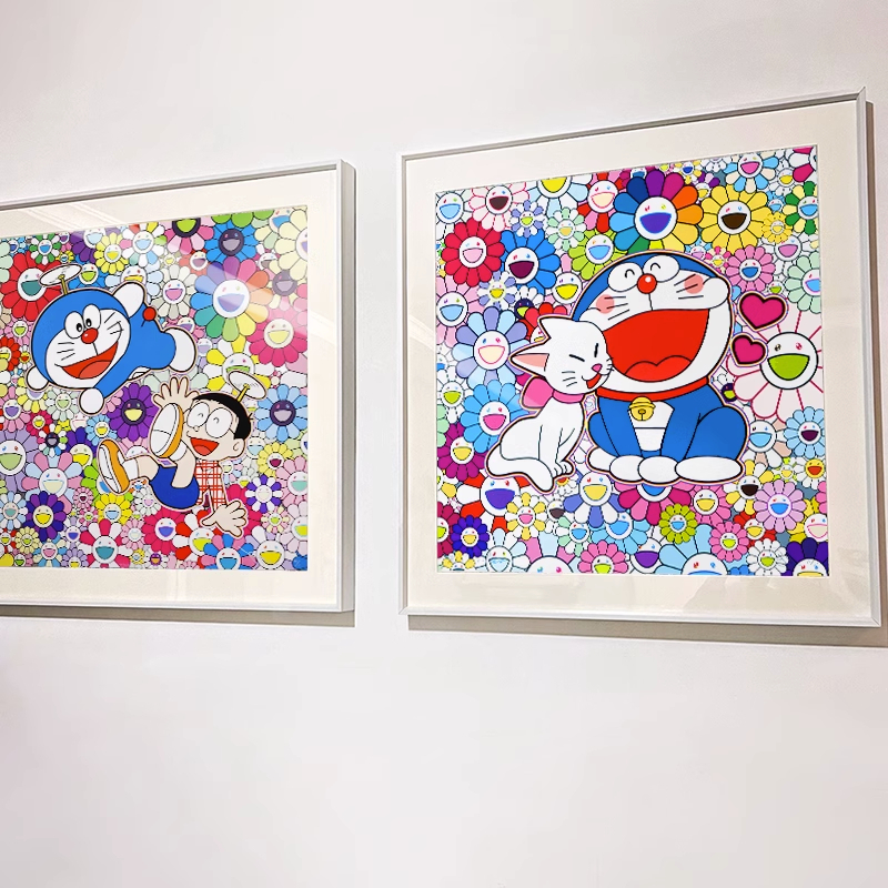 🧸 Takashi Murakami Doraemon ภาพวาดตกแต ่ งอะนิเมะการ ์ ตูนภาพวาดอินเทรนด ์ ภาพวาดห ้ องเด ็ กภาพวาดผนัง [ การติดตั ้ งแฮนด ์ เมดขนาด 60 x 60 ซม . ]