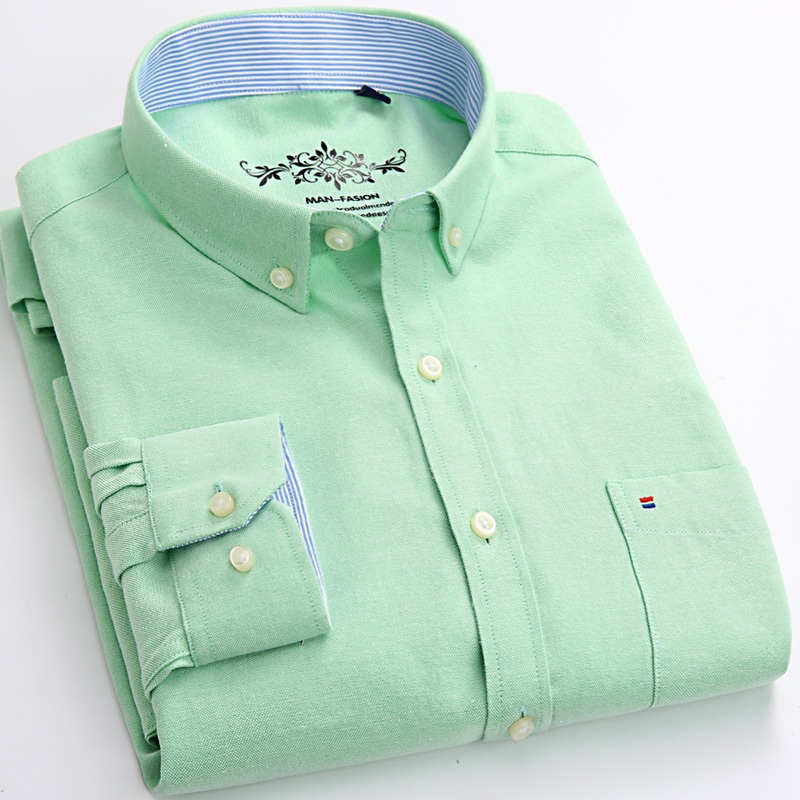 ลำลองแขนยาว Oxford ปั่นสไตล์เกาหลีสลิมฟิตเสื้อเชิ้ตผ้าฝ้ายสีทึบสำหรับผู้ชาย