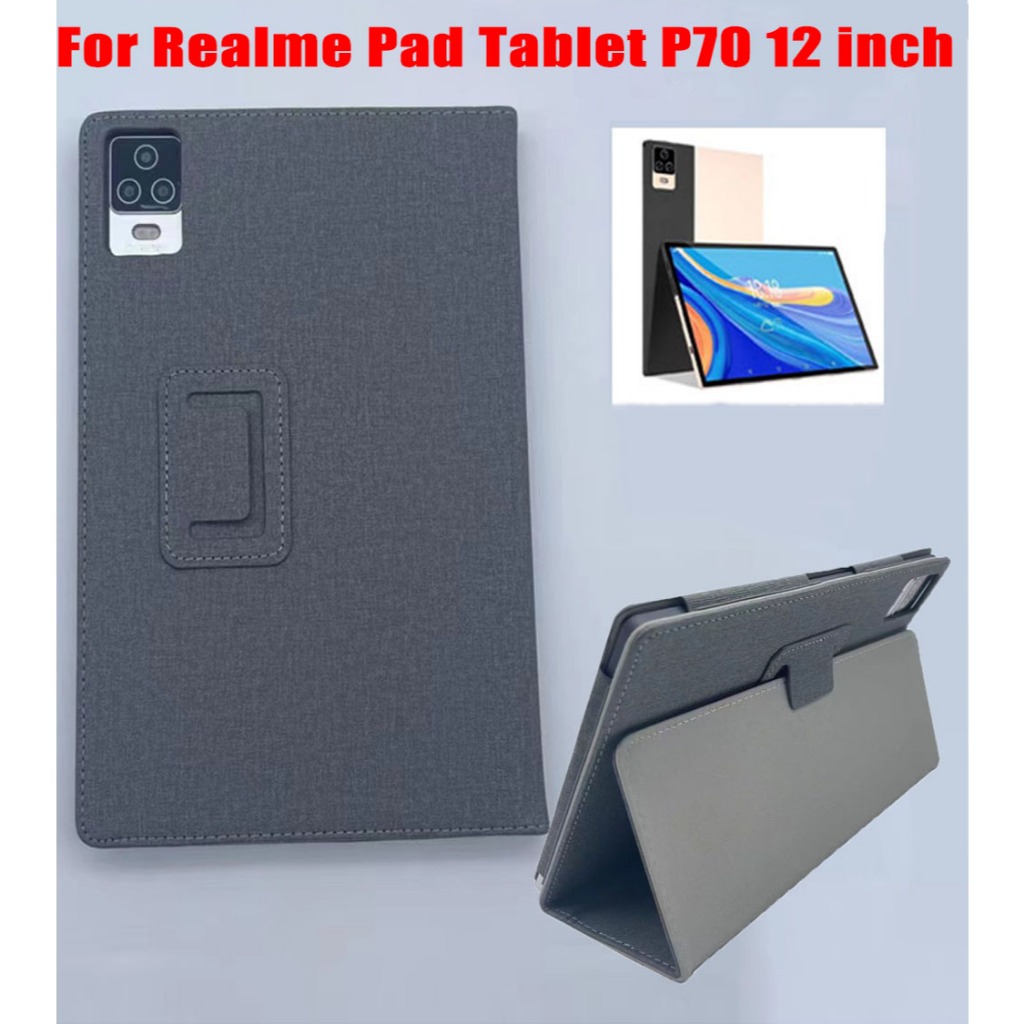 เคสแท็บเล็ตหนัง PU ฝาพับ สีเทาเข้ม คุณภาพสูง สําหรับ Realme Pad Tablet P70 12 นิ้ว P70 12.0 นิ้ว