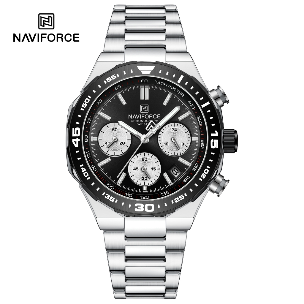 Naviforce ยี่ห้อ 8049 Fashing หรูหราผู้ชายนาฬิกาข้อมือควอตซ์รอบโลหะผสมสังกะสี Cass สายสแตนเลสออกแบบวันที่กันน้ํา Man นาฬิกาจับเวลา