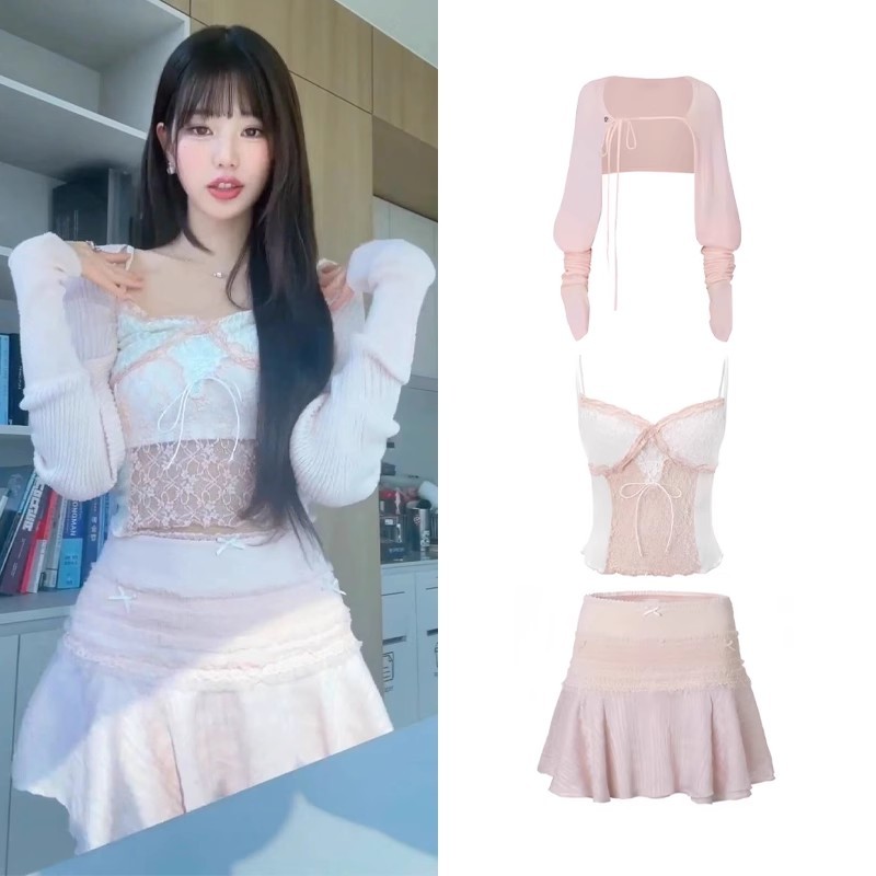 ฉัน จังวอนหนุ่มสามชิ้นชุดกลุ่มสาวเซ็กซี่แบบใหม่เสื้อคาร์ดิแกนผู้หญิงสีชมพู+เสื้อกั๊กสายเดี่ยวแขนกุดลูกไม้+กระโปรงสั้นเอวสูง
