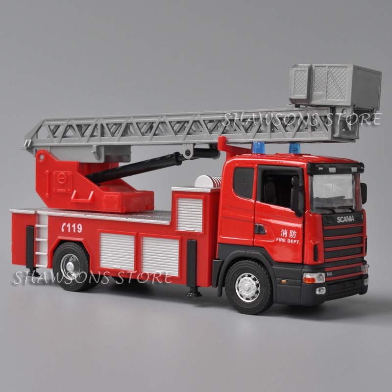 1:43 Scale Diecast Vehicle Model Toy Scania T420 Fire Engine Ladder Truck Miniature Replica Sound & 