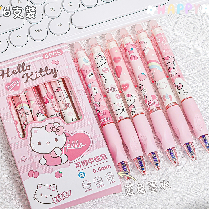 Ins ปากกาเจลลบได้การ์ตูนมูลค่าสูง hello kitty 6 นักเรียนบวกท่าทางแรงเสียดทานง่ายต่อการลบปากกากดนักเรียนคริสตัลสีฟ้า