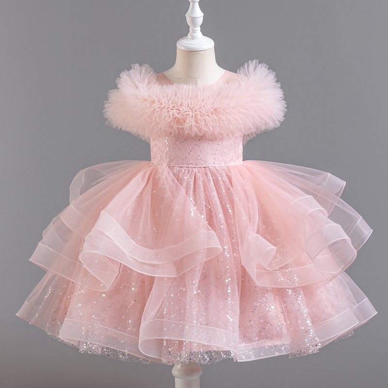 2-12t สาวชุดเจ ้ าหญิงวันเด ็ กวันเกิดชุด Pearl Ruffle แขนเลื ่ อมชุดสีชมพูสีขาวเด ็ กเครื ่ องแต ่ งกาย