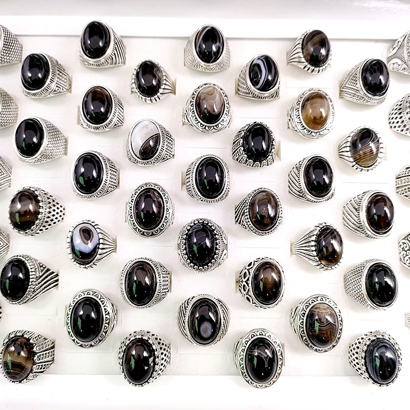 20ชิ้นแหวนหินย้อนยุคสําหรับผู้ชายและผู้หญิงสีดําสีน้ําตาลแกะสลักรูปแบบเครื่องประดับแฟชั่นชุบเงิน