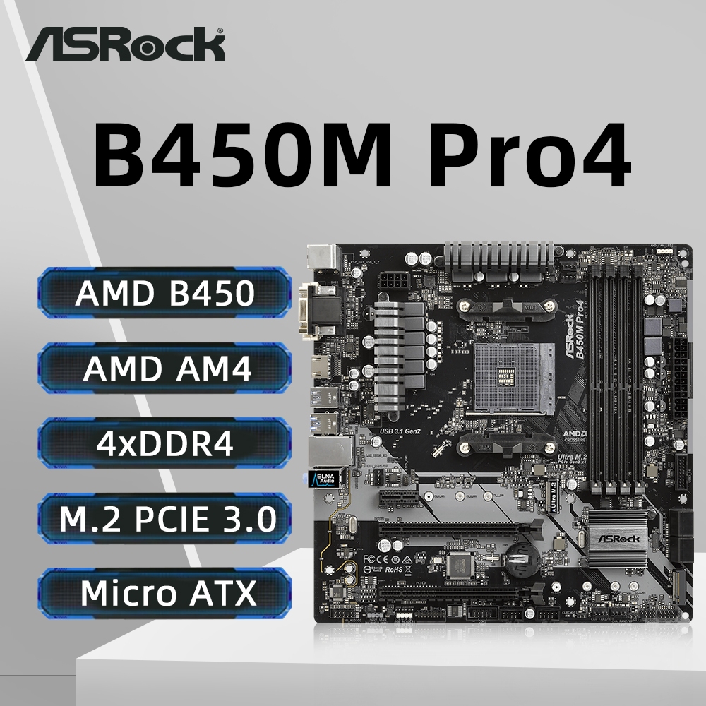Asrock B450M Pro4 เมนบอร ์ ดสนับสนุน Ryzen 5 5600 R7 5700X3D DDR4 3200 + ( OCTRACK 128G RAM พร ้ อมอินเทอร ์ เฟซ NVME M.2 USB3.2 SATA3.0 HDMI DVI-D D-Sub AMD Promontory B450 เมนบอร ์ ด