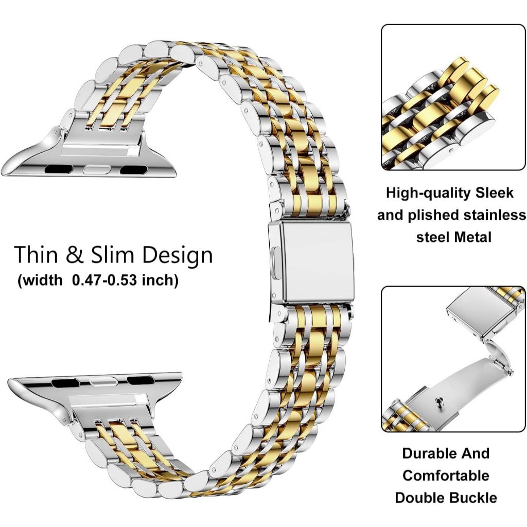 Slim สแตนเลสแบบถอดได้ Link Strap เข้ากันได้กับ Apple Watch Series Ultra/10/9/8/7/SE/6/5/4/3/2/1