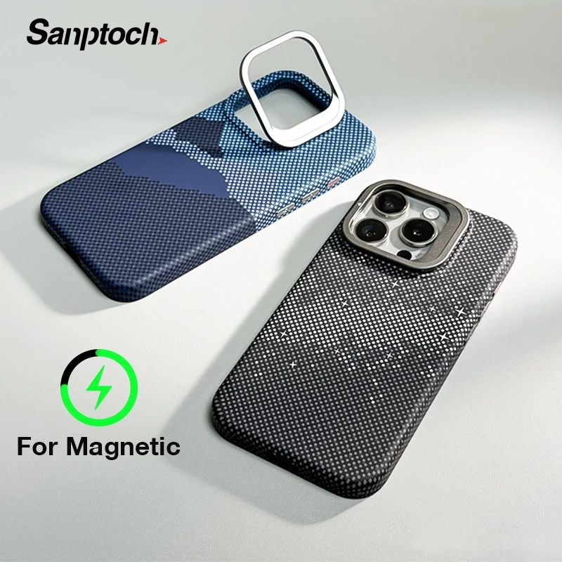 Sanptoch สําหรับ Magneti ที่มองไม่เห็นเคสโทรศัพท์สําหรับ iPhone 16 15 14 13 Pro Max Pixel คาร์บอนไฟเบอร์กันกระแทก Hard Cover สําหรับ iPhone 16 Pro Max Matte ผิวป้องกัน