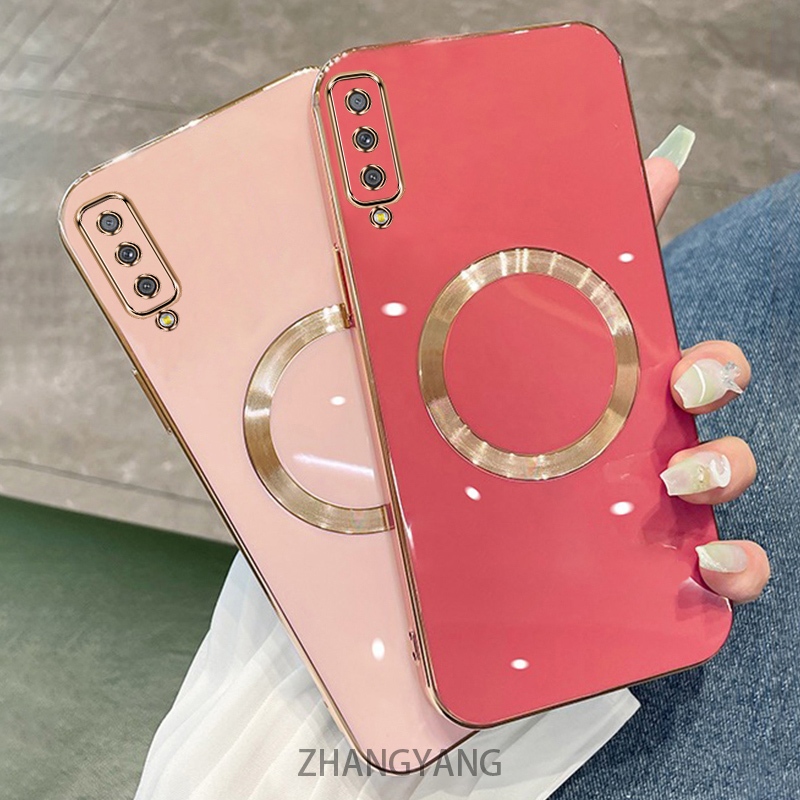 Samsung A7 2018 A50 A70 A30S A50S A750 เคสซิลิโคนชุบไฟฟ้าเคสโทรศัพท์ TPU พร้อมเคสอ่อนดูดแม่เหล็กเรียบง่ายและเลนส์ป้องกันการตก