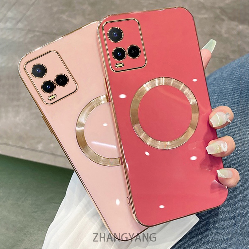 Vivo Y21 Y21S Y33S 4G Y21A Y21T กรณี Electroplated ซิลิโคน TPU เคสโทรศัพท์พร้อมเคสอ่อนดูดแม่เหล็กเรียบง่ายและเลนส์ป้องกันการตก